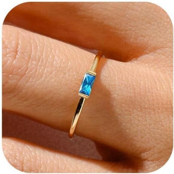 Women Blue/gold Non Tarnish Dainty 14k Gold Plated Baguette Emerald Stone Ring - Picture 1 of 7